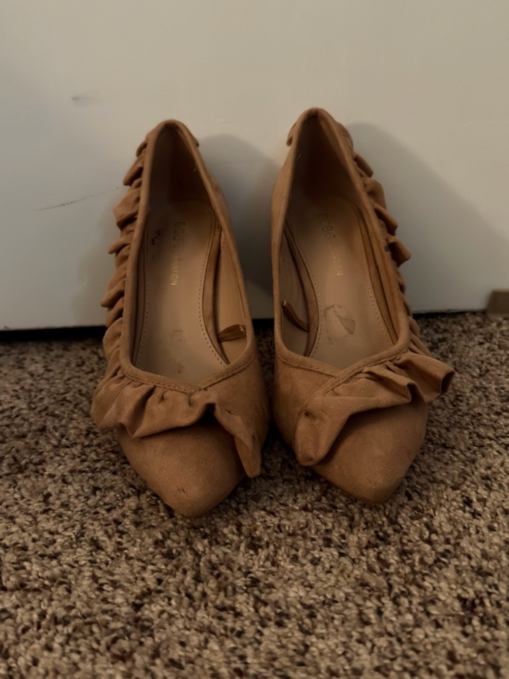 BCBGeneration Tan Ruffle Pointed-Toe Heels